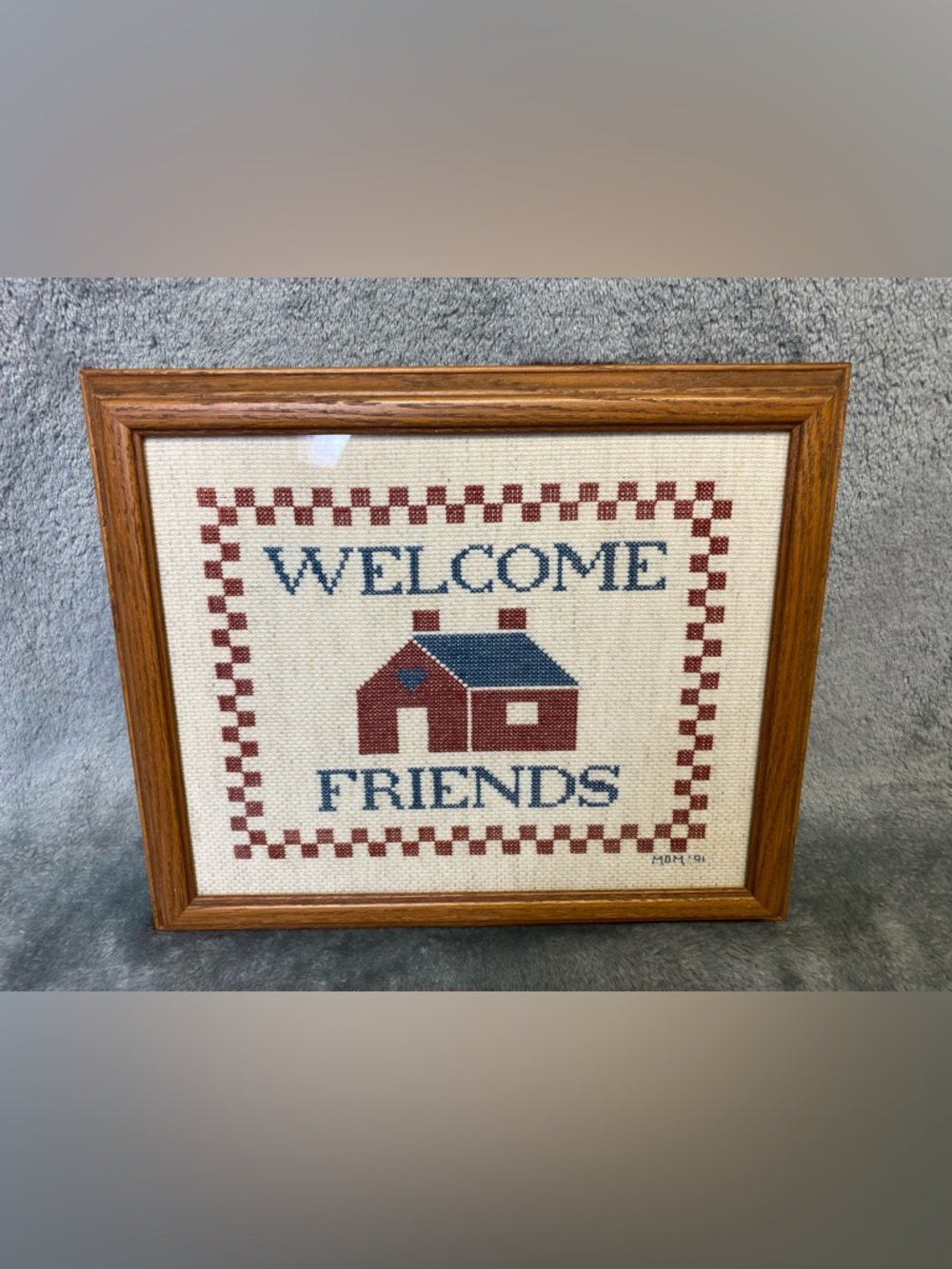 Welcome Friends Framed Cross-Stitch Home Accent - Red & Blue VTG 1991
